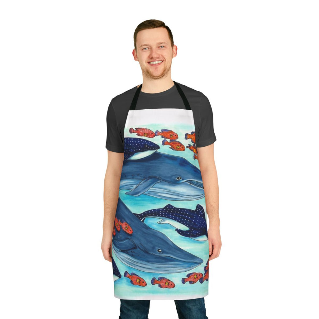 Colorful apron featuring illustrations of a blue whale, whale shark, and other marine animals swimming in the ocean