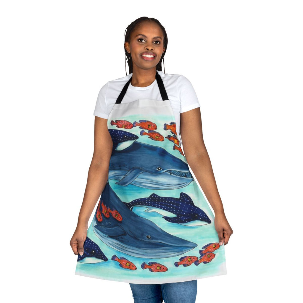 Colorful apron featuring illustrations of a blue whale, whale shark, and other marine animals swimming in the ocean