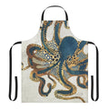 Artistic apron featuring a vibrant underwater octopus design in shades of blue, gold, and watercolor