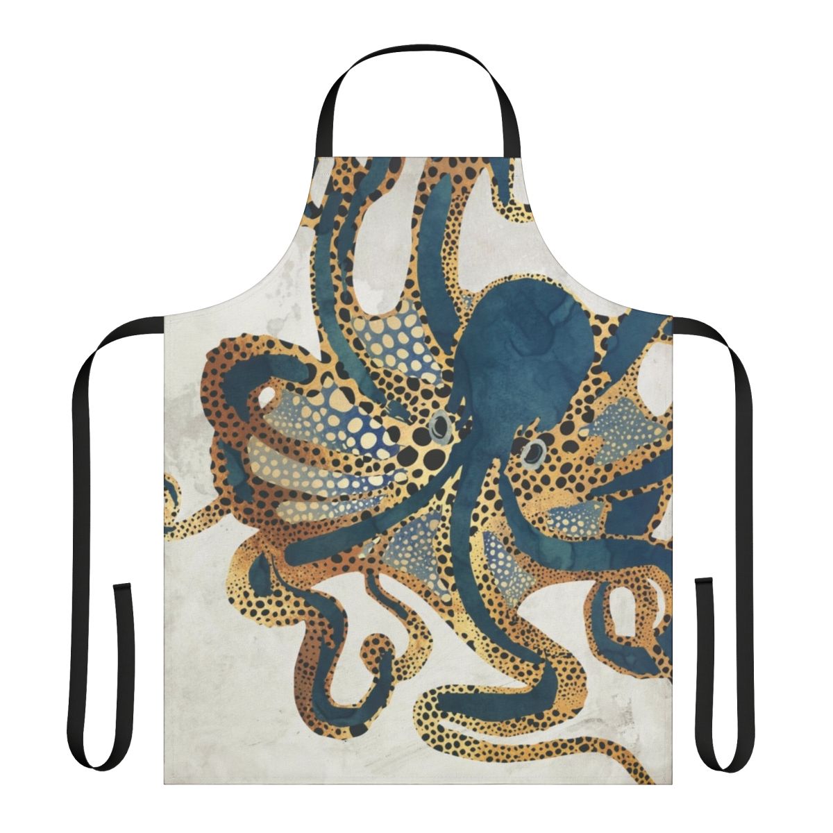 Artistic apron featuring a vibrant underwater octopus design in shades of blue, gold, and watercolor
