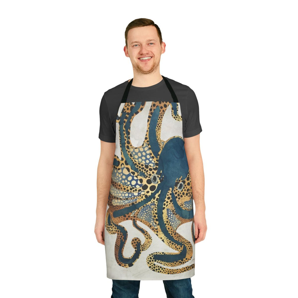 Artistic apron featuring a vibrant underwater octopus design in shades of blue, gold, and watercolor