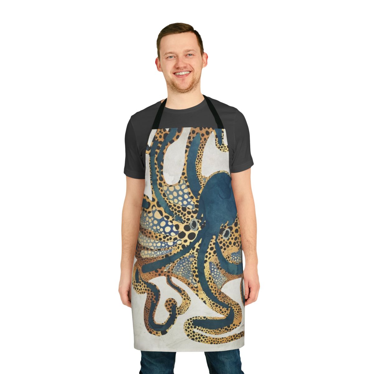 Artistic apron featuring a vibrant underwater octopus design in shades of blue, gold, and watercolor