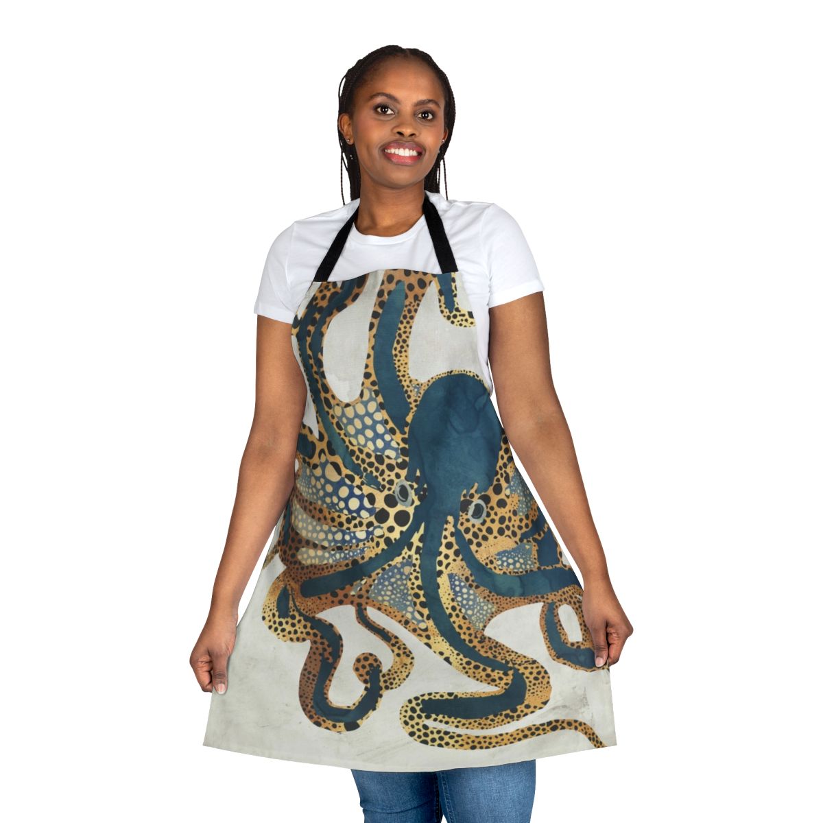 Artistic apron featuring a vibrant underwater octopus design in shades of blue, gold, and watercolor