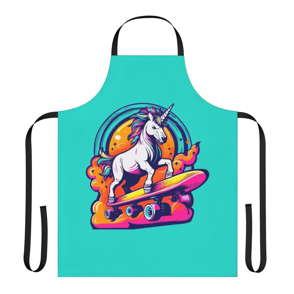 Illustration of a unicorn riding a skateboard on a neon-colored apron