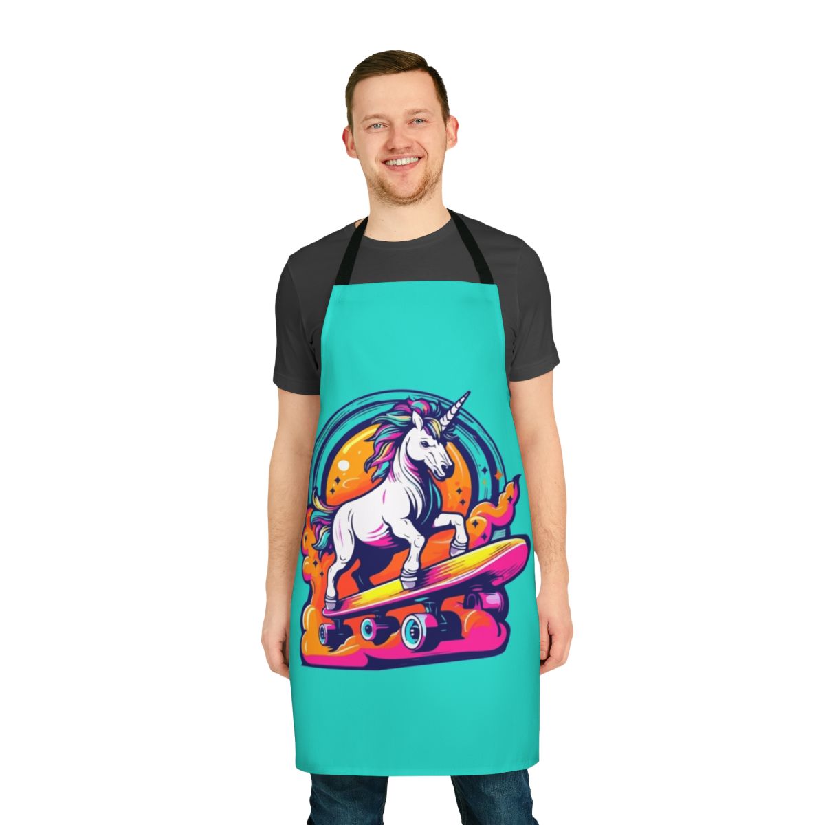 Illustration of a unicorn riding a skateboard on a neon-colored apron