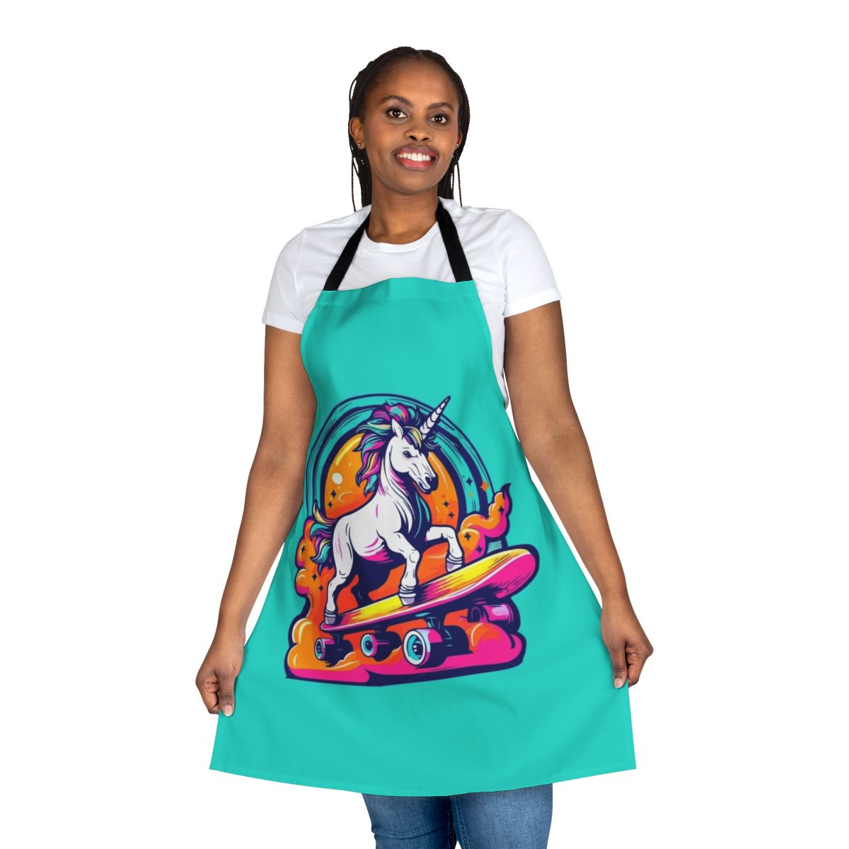 Illustration of a unicorn riding a skateboard on a neon-colored apron