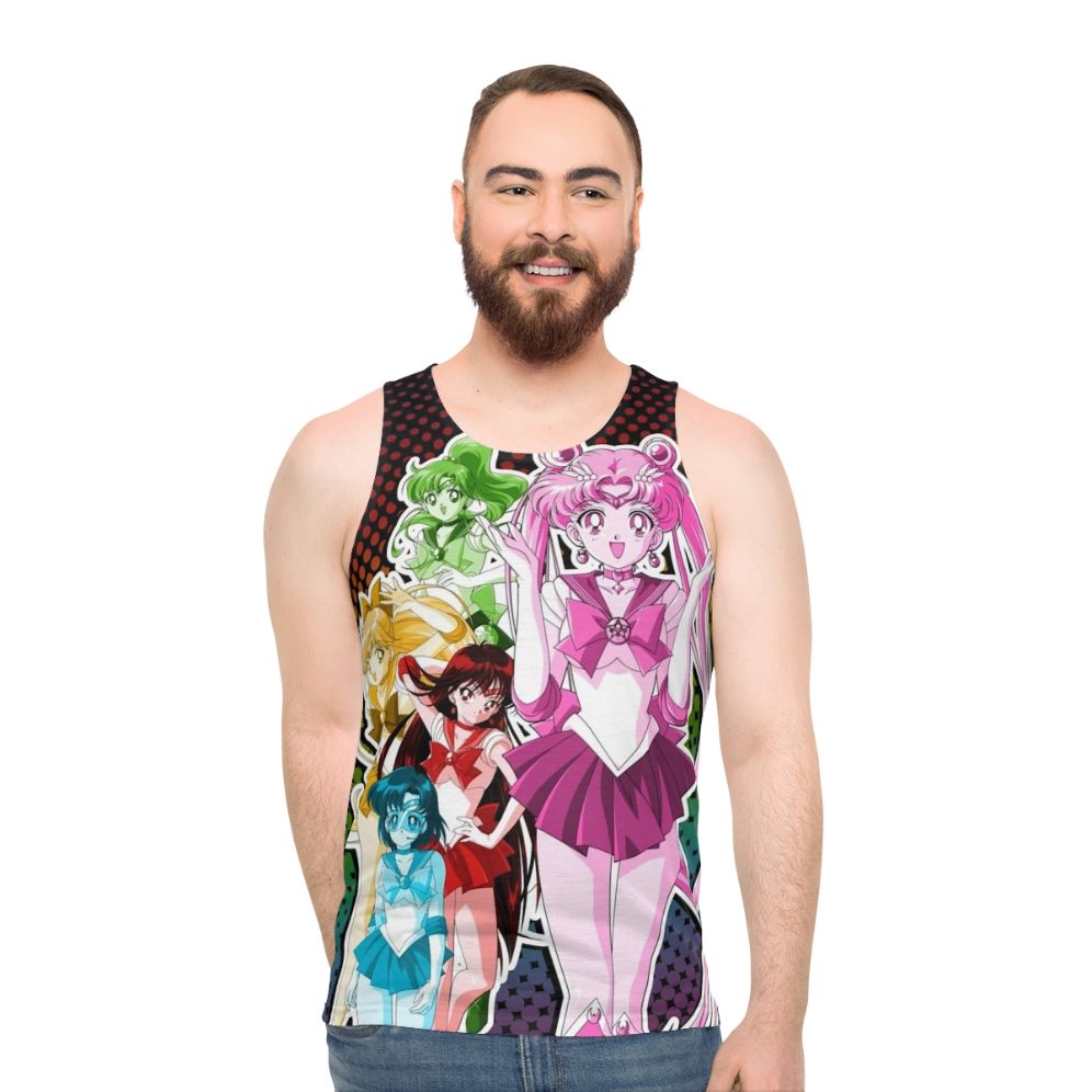 Unisex tank top with anime-inspired, vibrant, retro 90s design