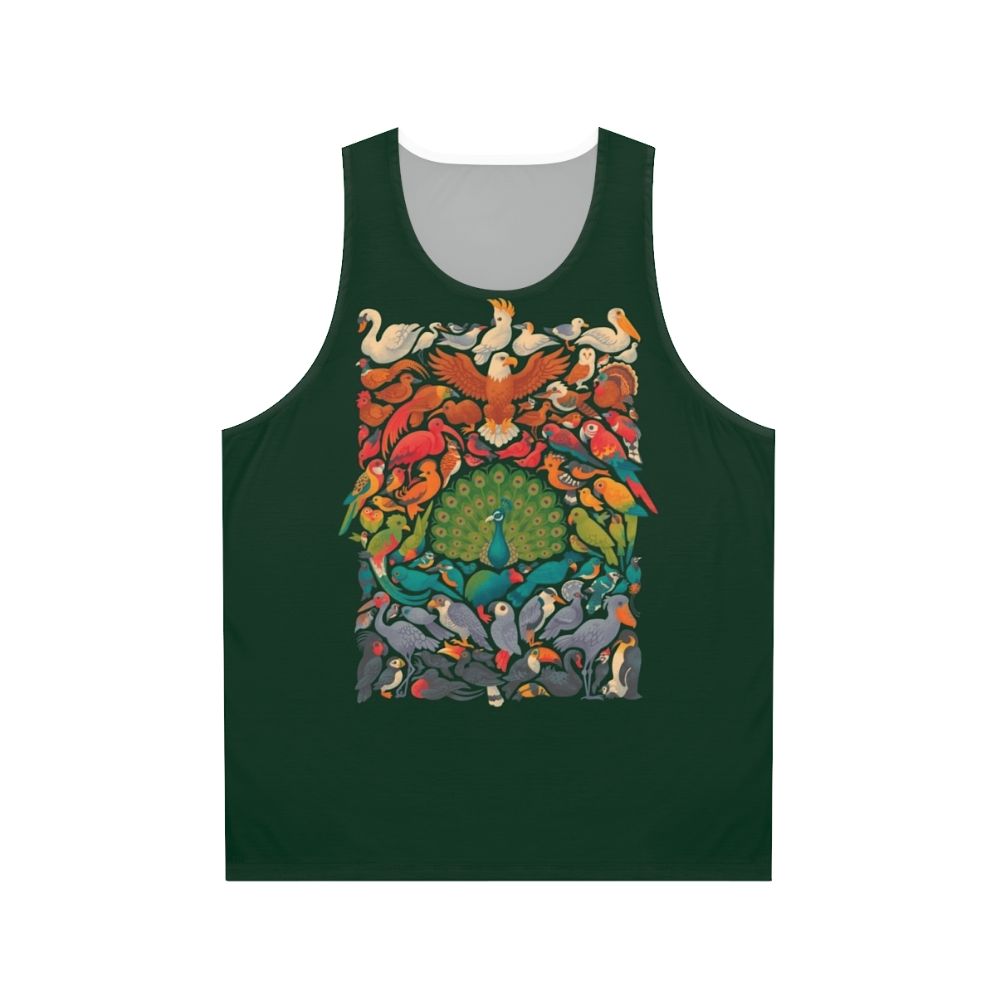 Unisex tank top with colorful tropical birds and nature imagery