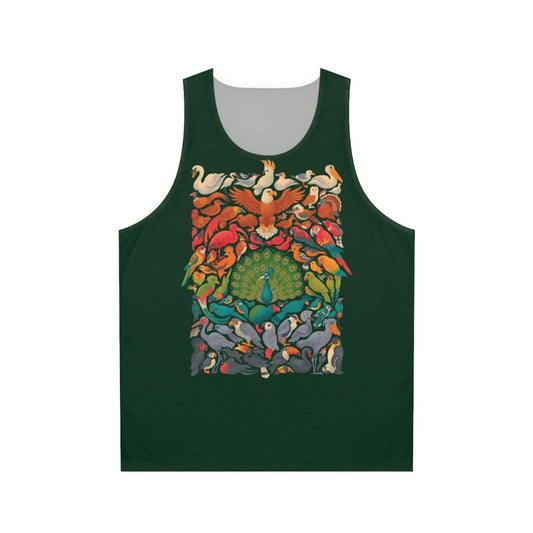 Unisex tank top with colorful tropical birds and nature imagery