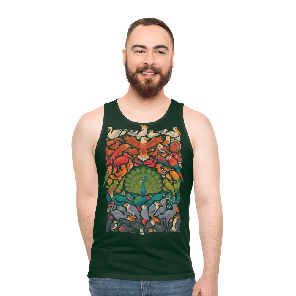Unisex tank top with colorful tropical birds and nature imagery
