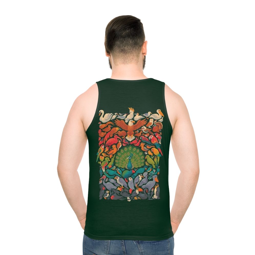 Unisex tank top with colorful tropical birds and nature imagery