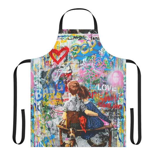 Apron featuring a collage of street art, graffiti, and pop art elements in a bold, colorful design.