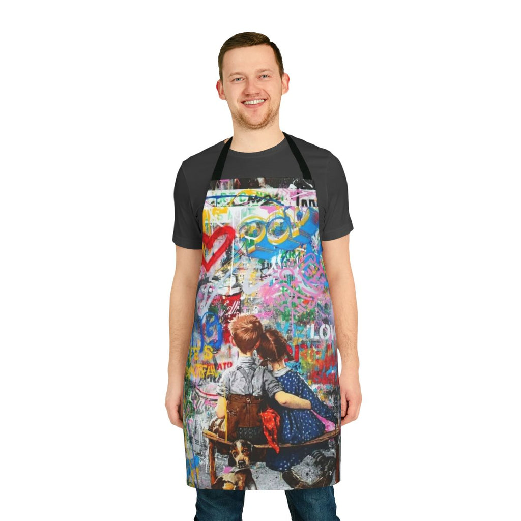 Apron featuring a collage of street art, graffiti, and pop art elements in a bold, colorful design.