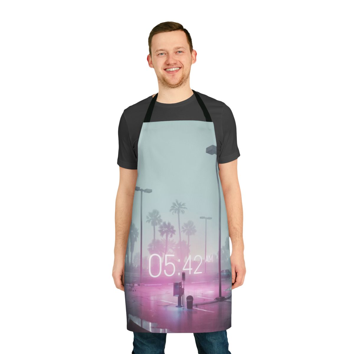 Glowing neon vaporwave apron with retro 80s synthwave aesthetic design