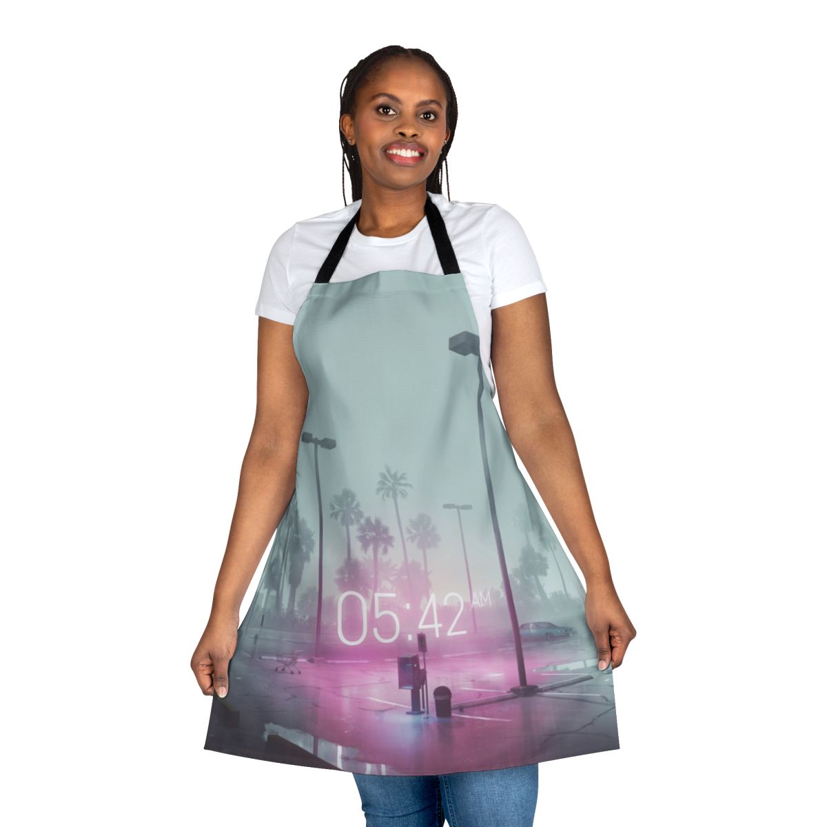 Glowing neon vaporwave apron with retro 80s synthwave aesthetic design
