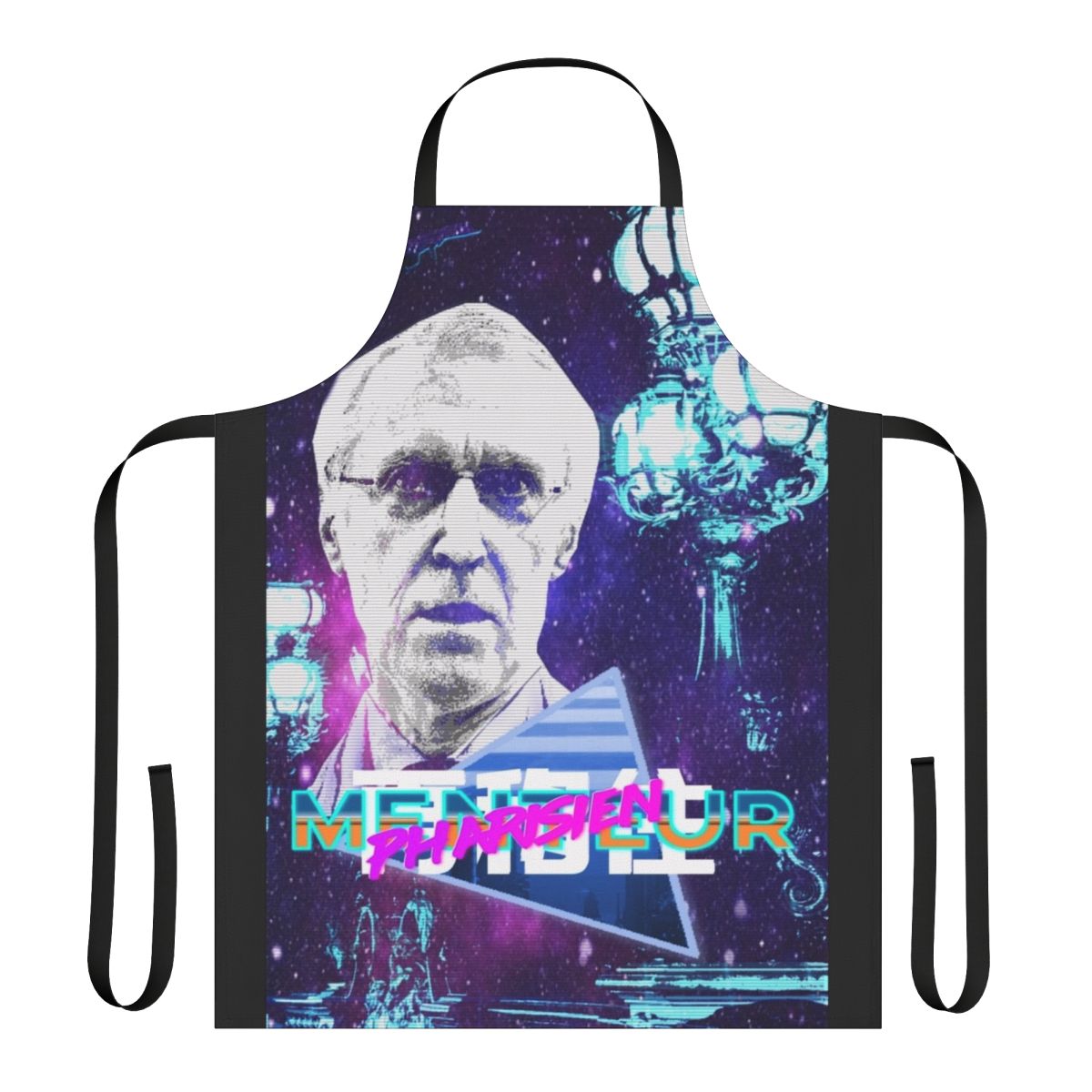 Vaporwave-style apron featuring the design of artist Henry de Lesquen