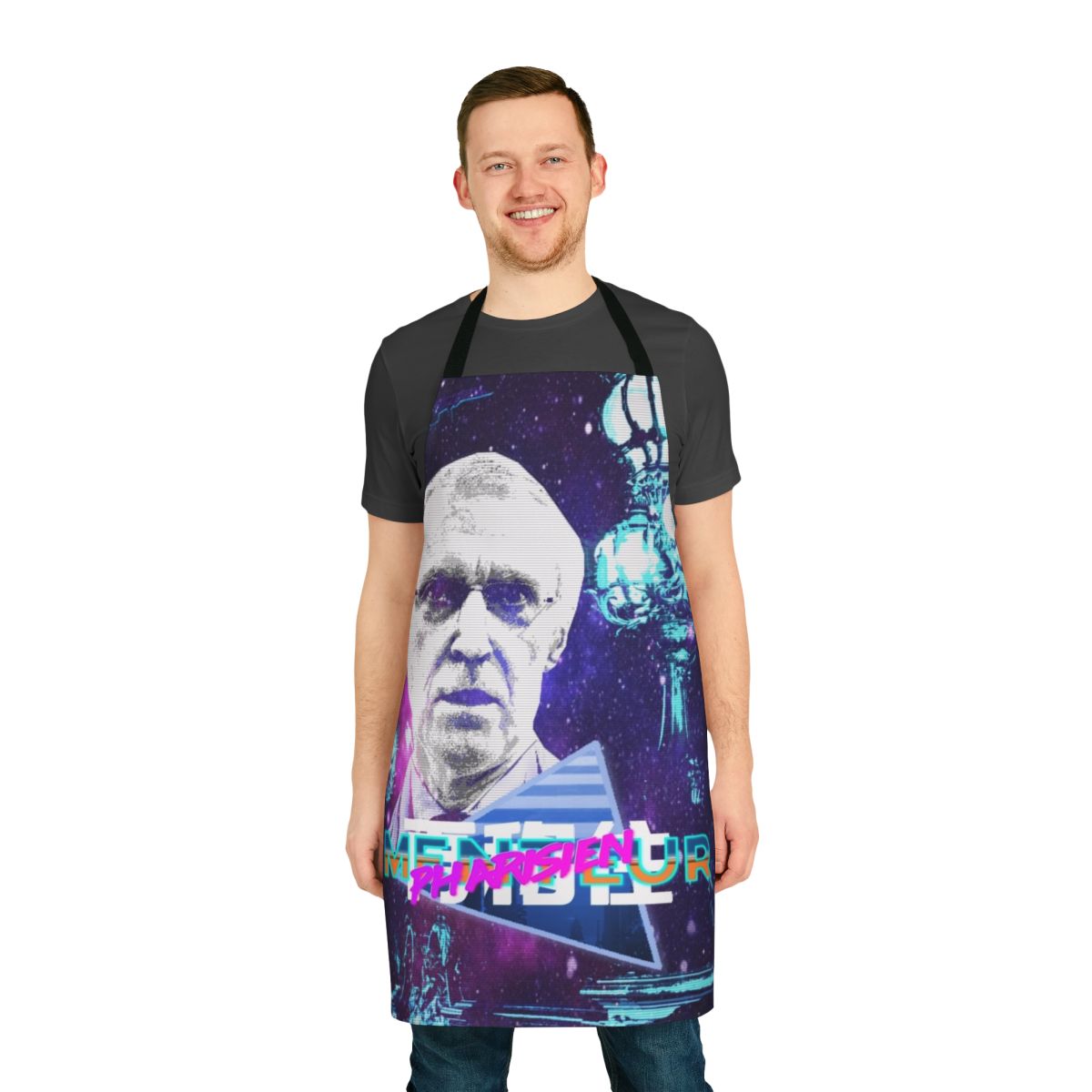 Vaporwave-style apron featuring the design of artist Henry de Lesquen