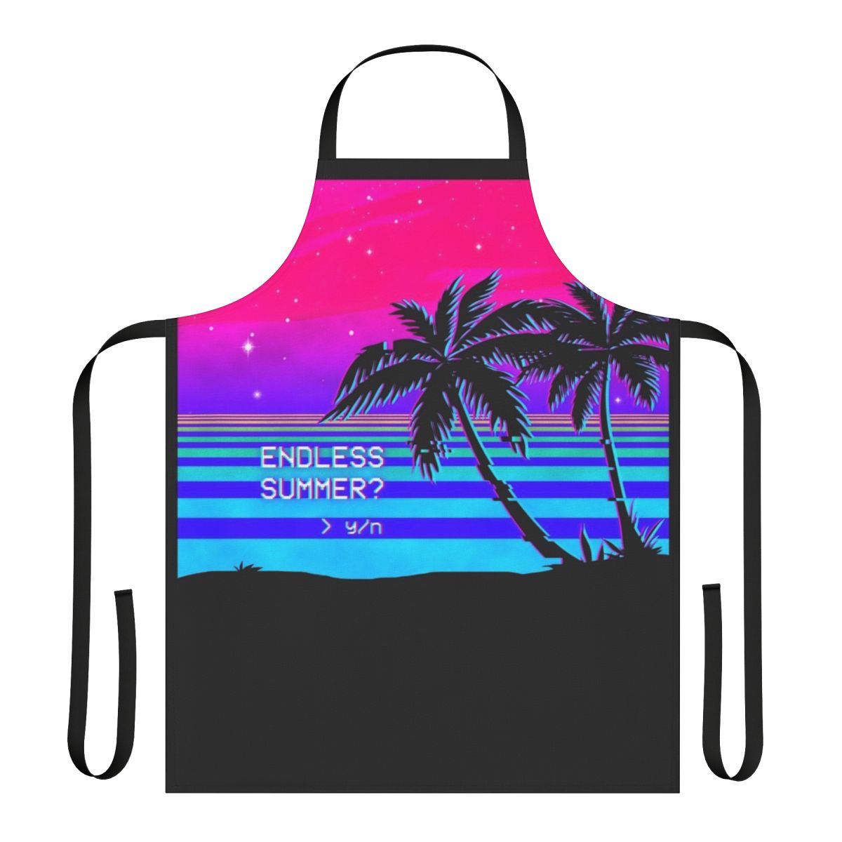 Vaporwave-inspired apron with vibrant 80s and 90s aesthetic, featuring palm trees and glitch effects.