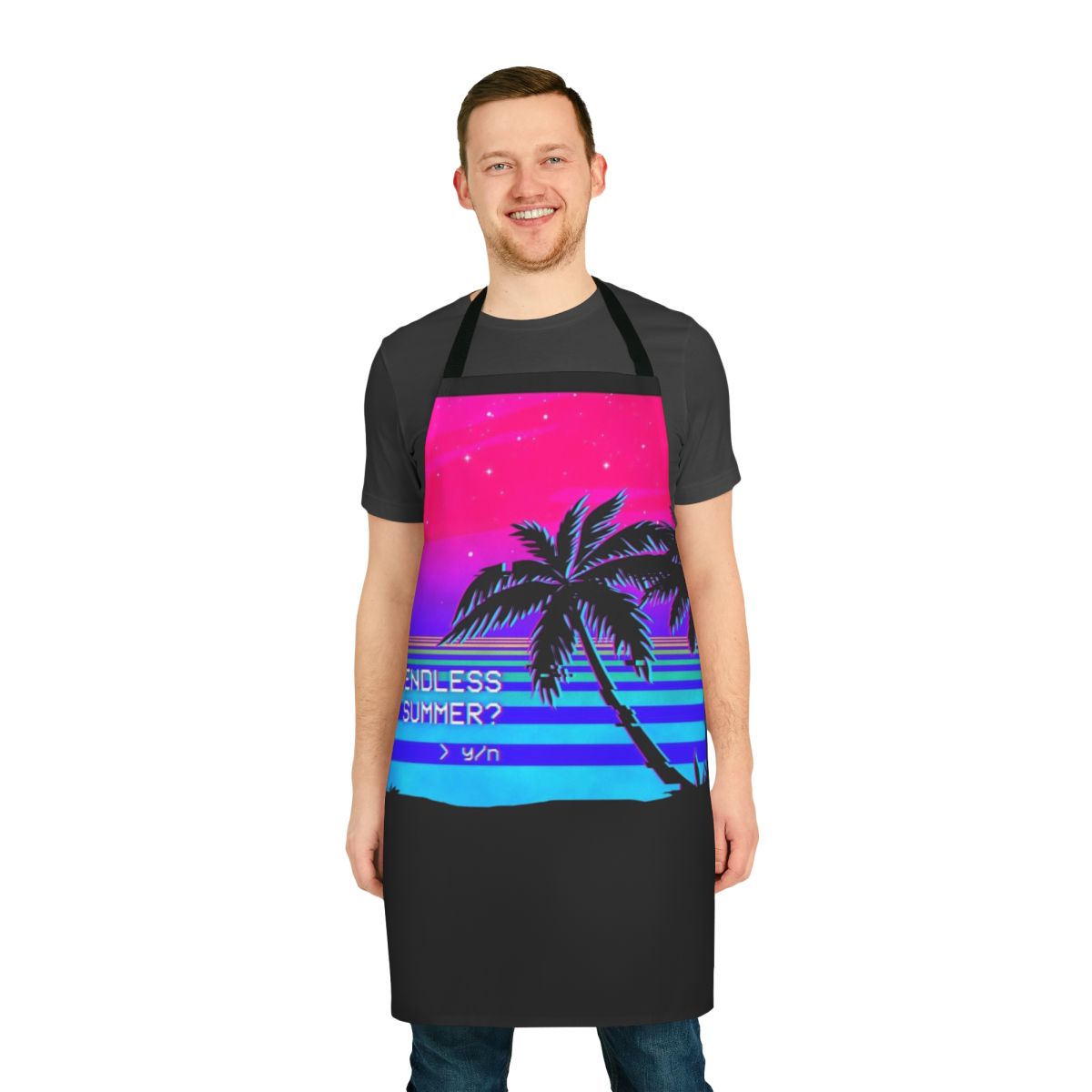 Vaporwave-inspired apron with vibrant 80s and 90s aesthetic, featuring palm trees and glitch effects.