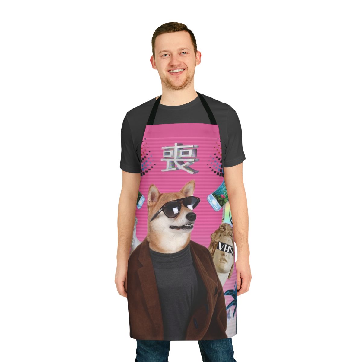 Vaporwave-themed apron with a trippy, psychedelic dog design