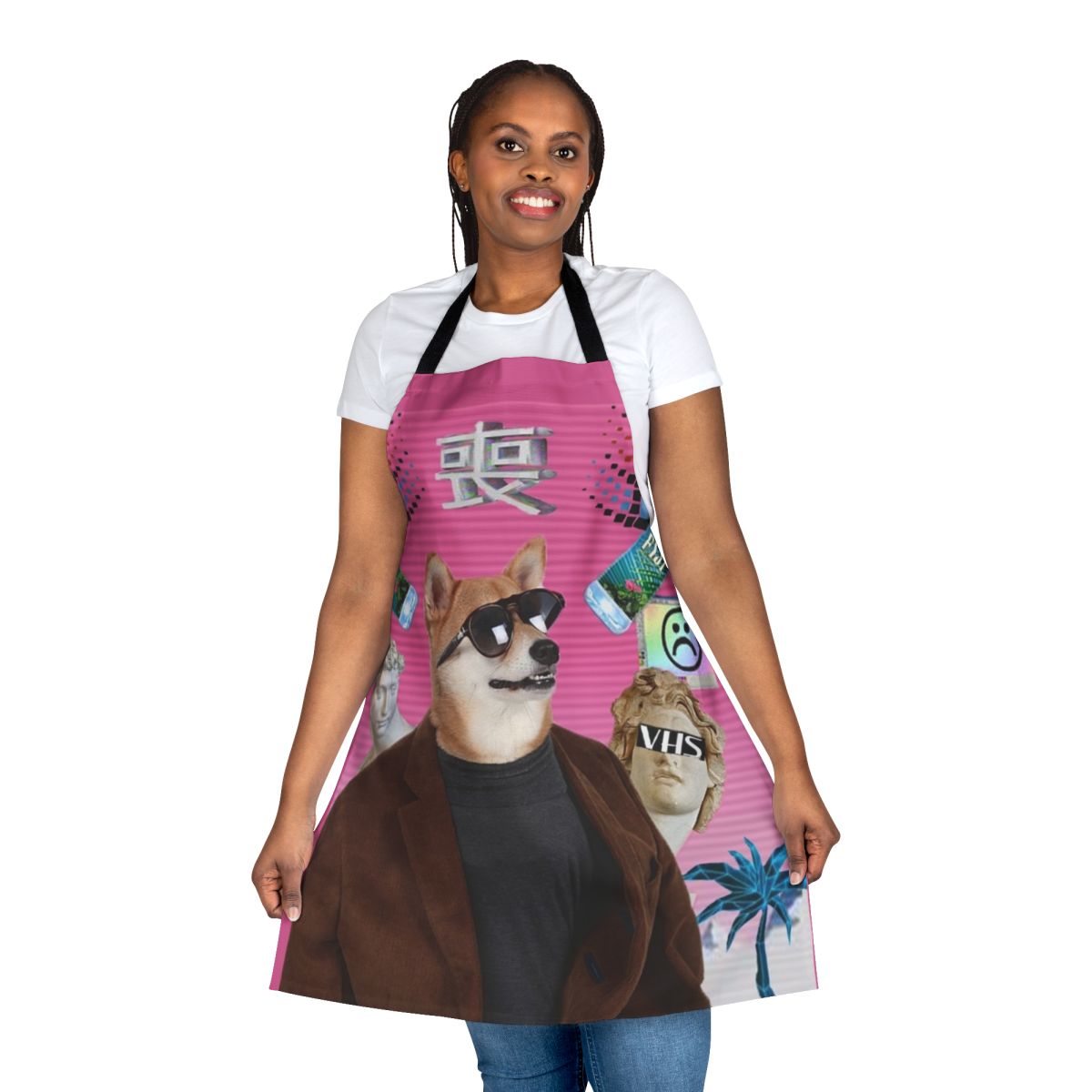 Vaporwave-themed apron with a trippy, psychedelic dog design