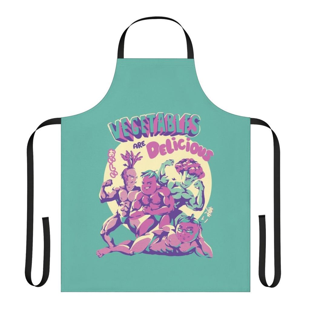 Colorful apron featuring various vegetables in a whimsical Japanese-inspired design