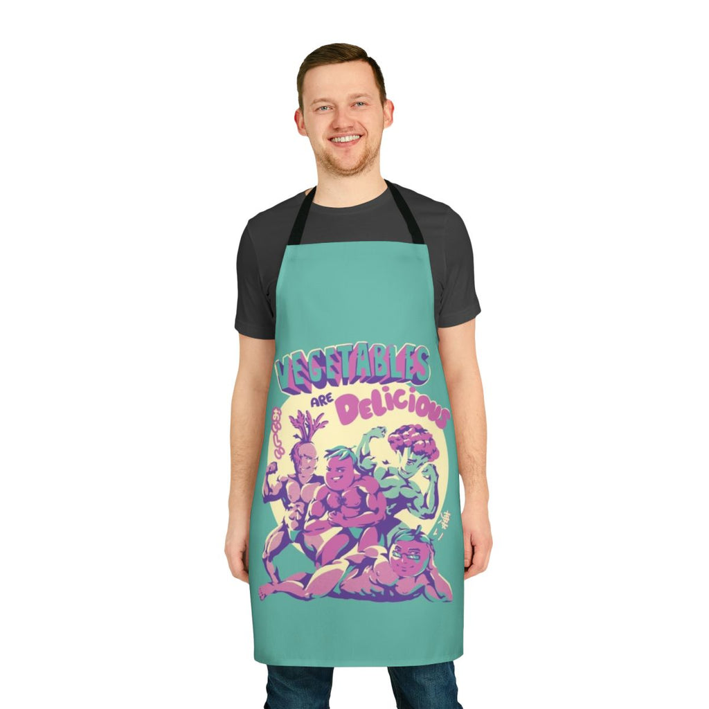 Colorful apron featuring various vegetables in a whimsical Japanese-inspired design