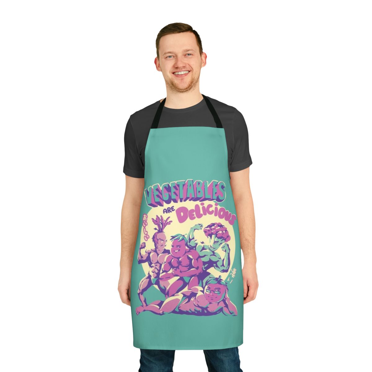 Colorful apron featuring various vegetables in a whimsical Japanese-inspired design