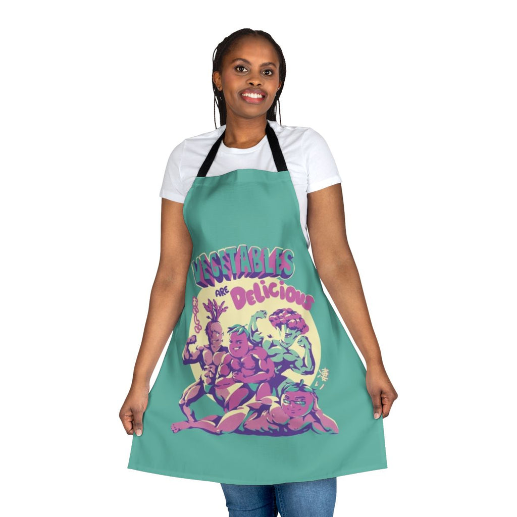 Colorful apron featuring various vegetables in a whimsical Japanese-inspired design