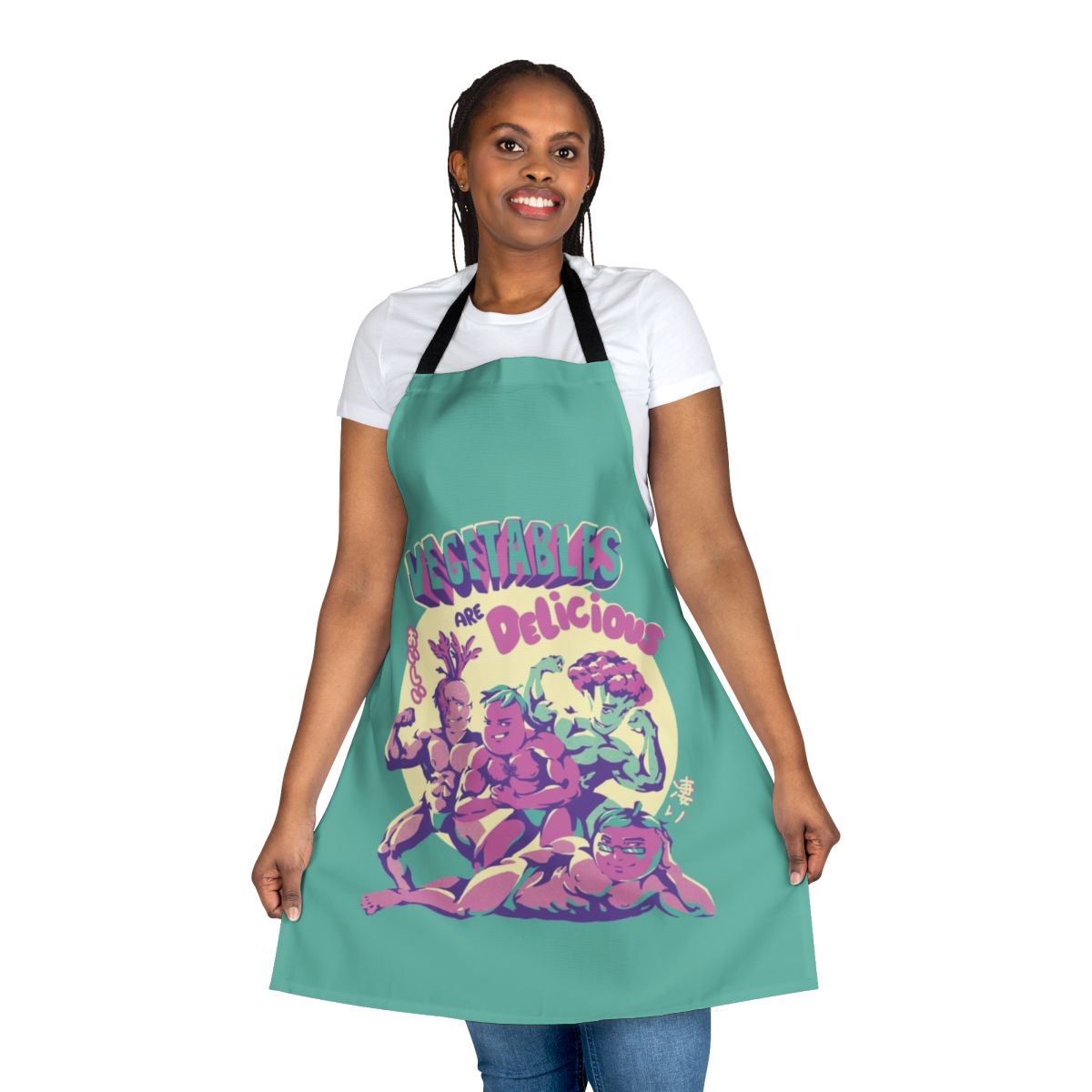 Colorful apron featuring various vegetables in a whimsical Japanese-inspired design