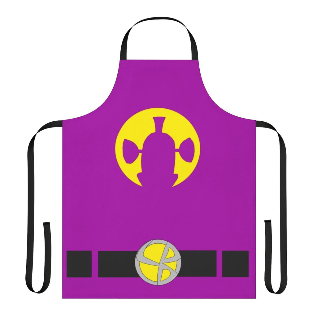 Vibrant purple and yellow apron with Larryboy inspired cartoon design.