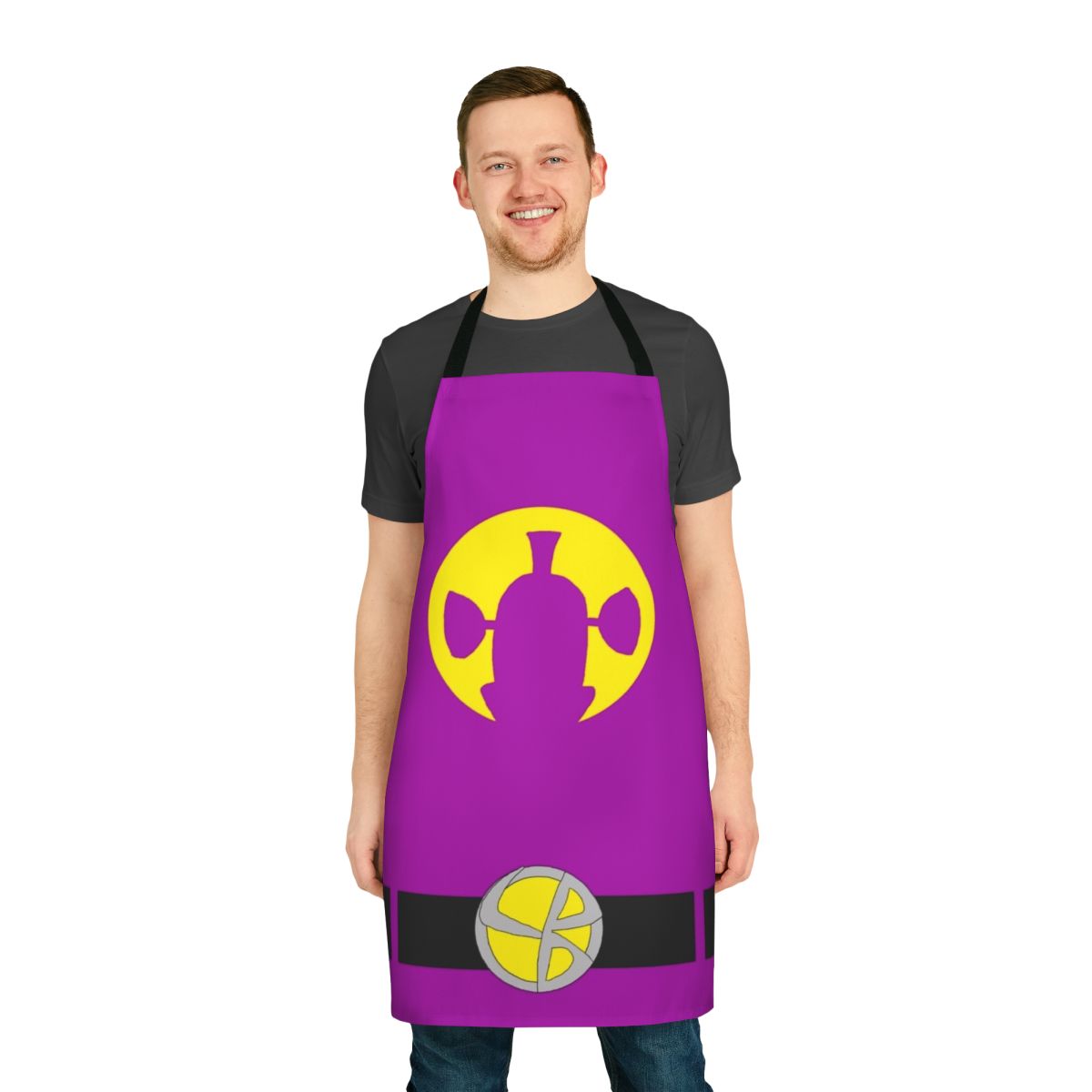 Vibrant purple and yellow apron with Larryboy inspired cartoon design.