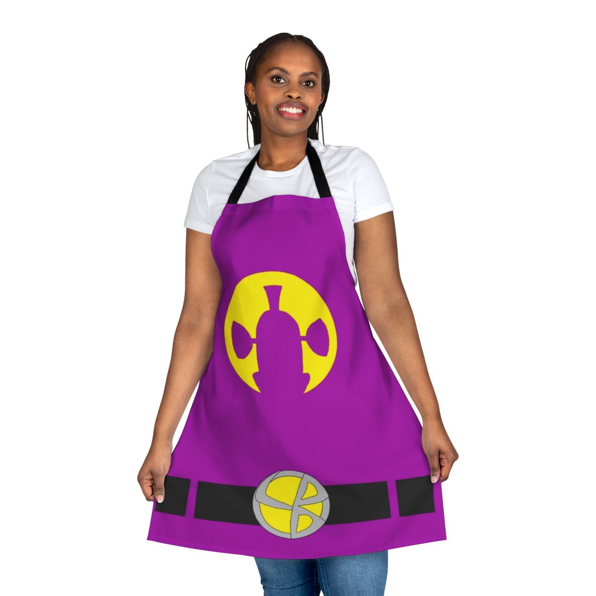 Vibrant purple and yellow apron with Larryboy inspired cartoon design.