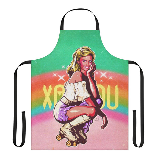 Colorful vintage-style apron with retro 80s disco-inspired rainbow and skate design