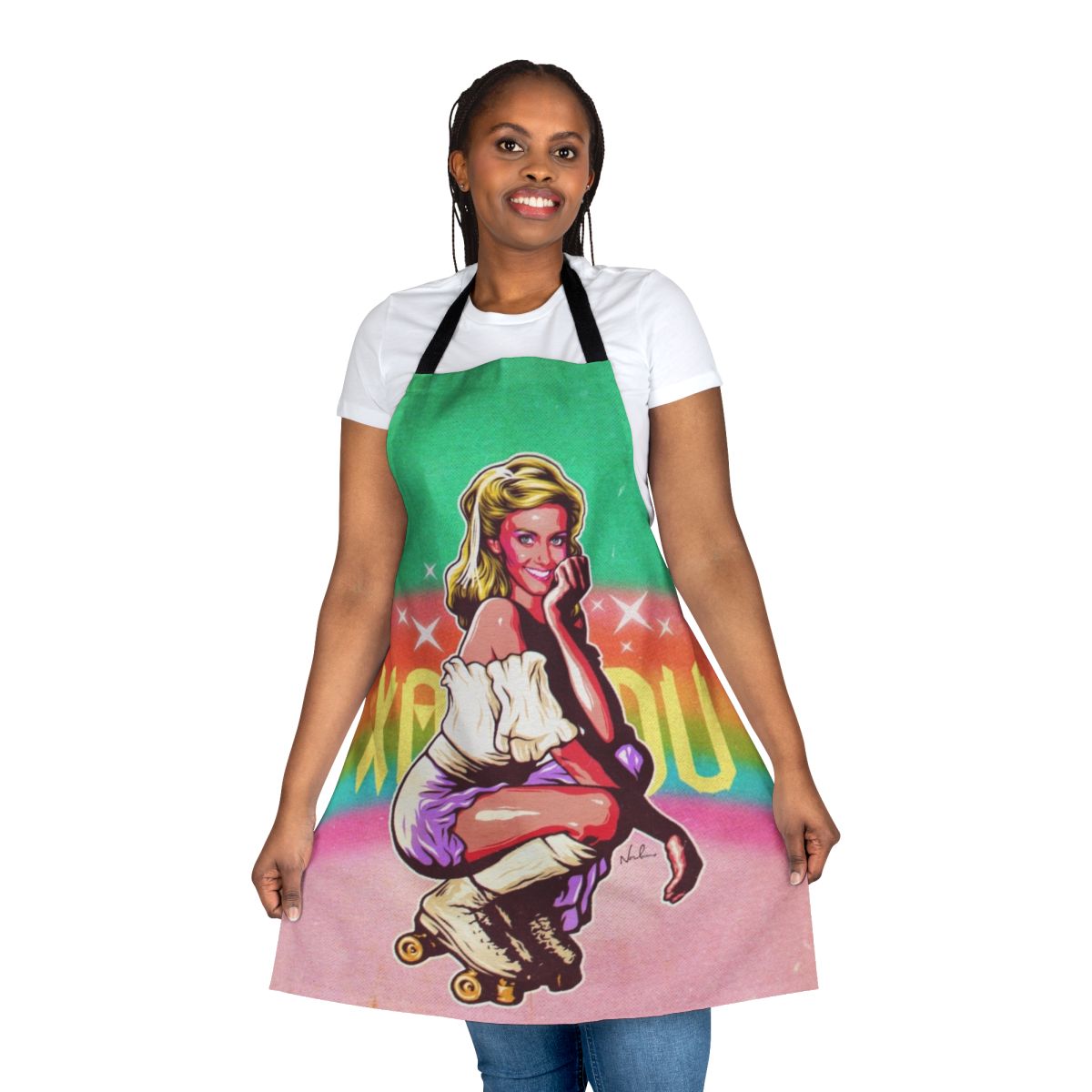 Colorful vintage-style apron with retro 80s disco-inspired rainbow and skate design