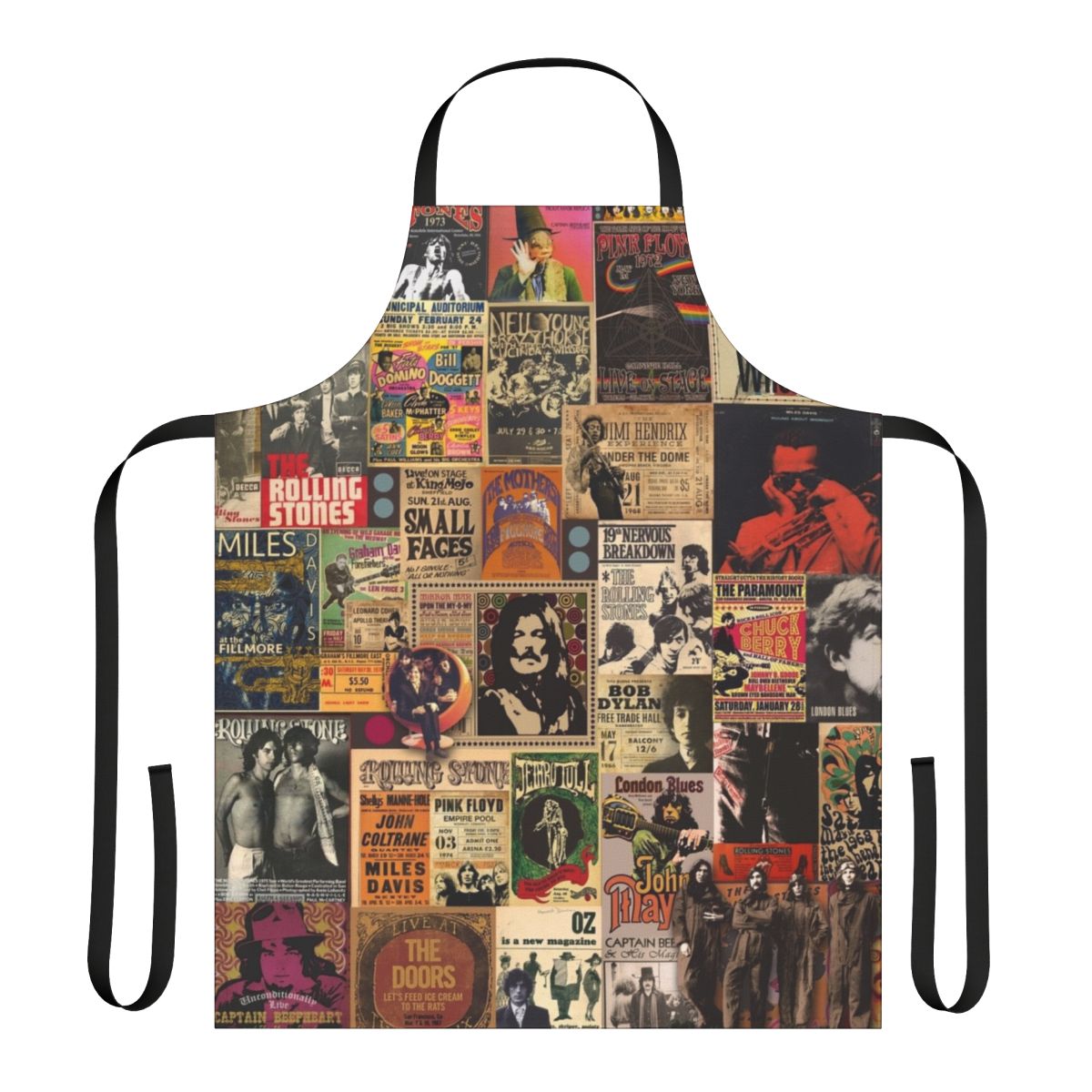 Colorful collage-style apron featuring rock and roll legends and psychedelic patterns