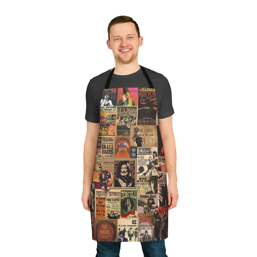 Colorful collage-style apron featuring rock and roll legends and psychedelic patterns