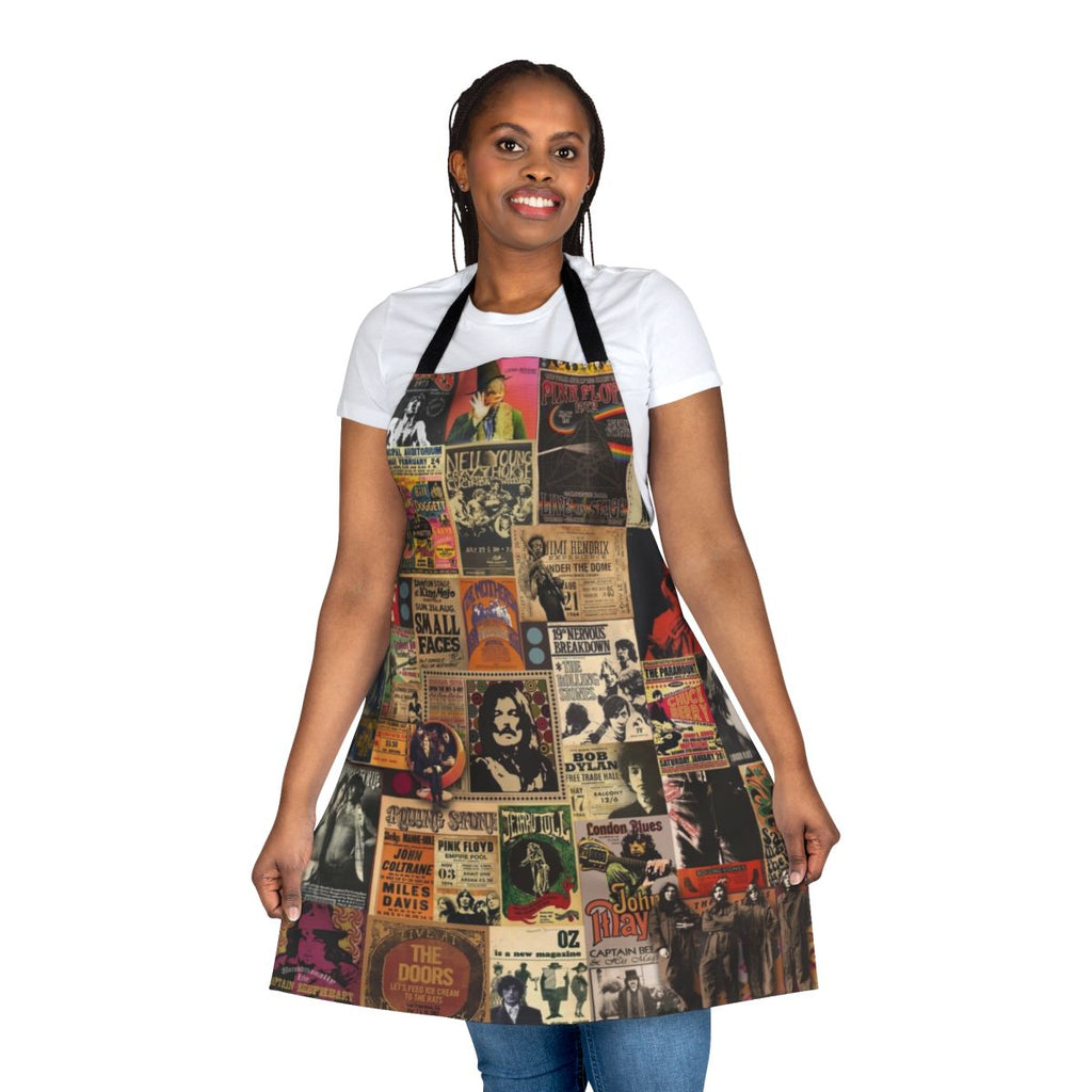 Colorful collage-style apron featuring rock and roll legends and psychedelic patterns