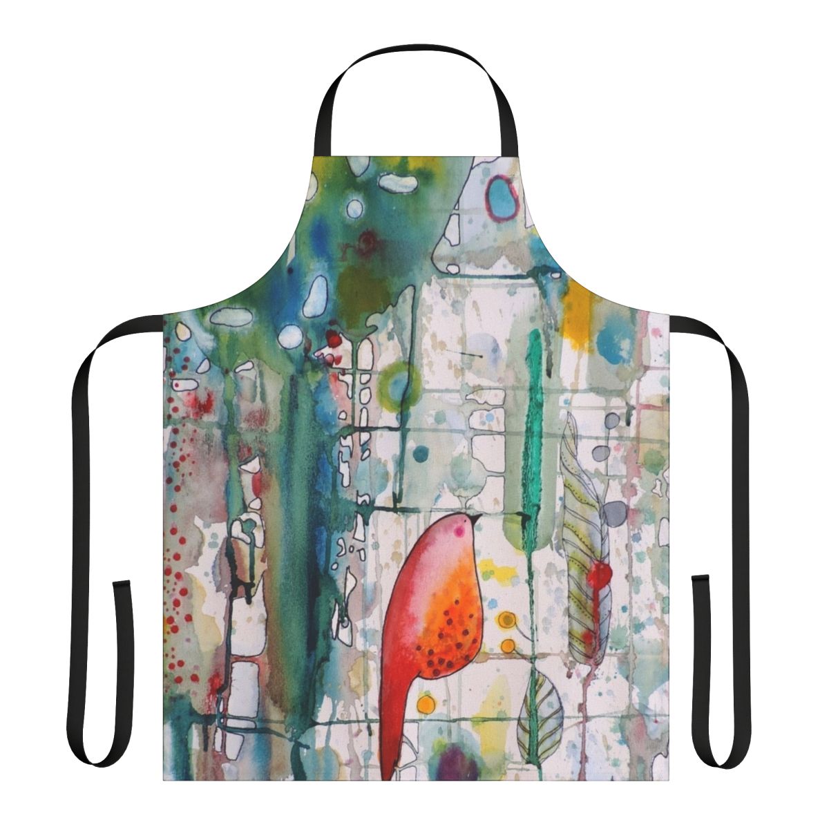 Watercolor apron featuring a whimsical bird and forest design