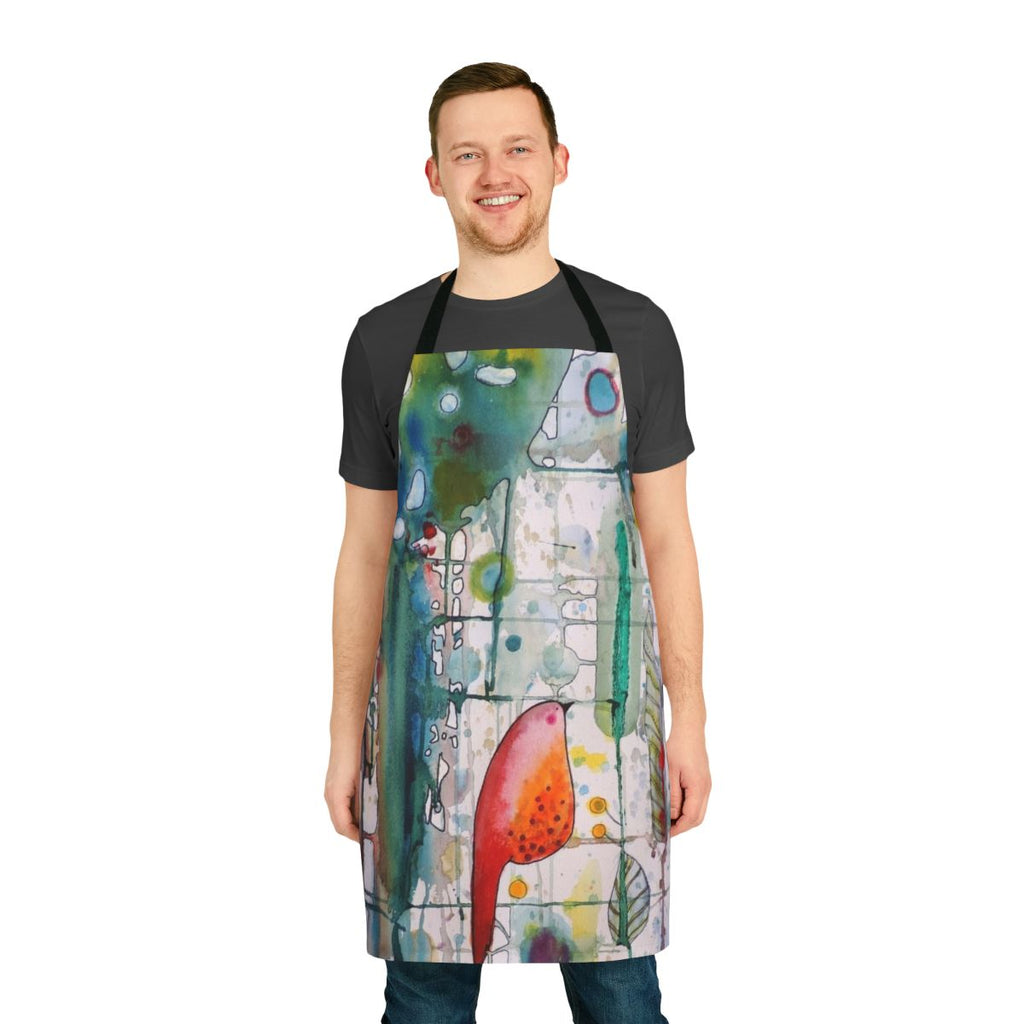 Watercolor apron featuring a whimsical bird and forest design