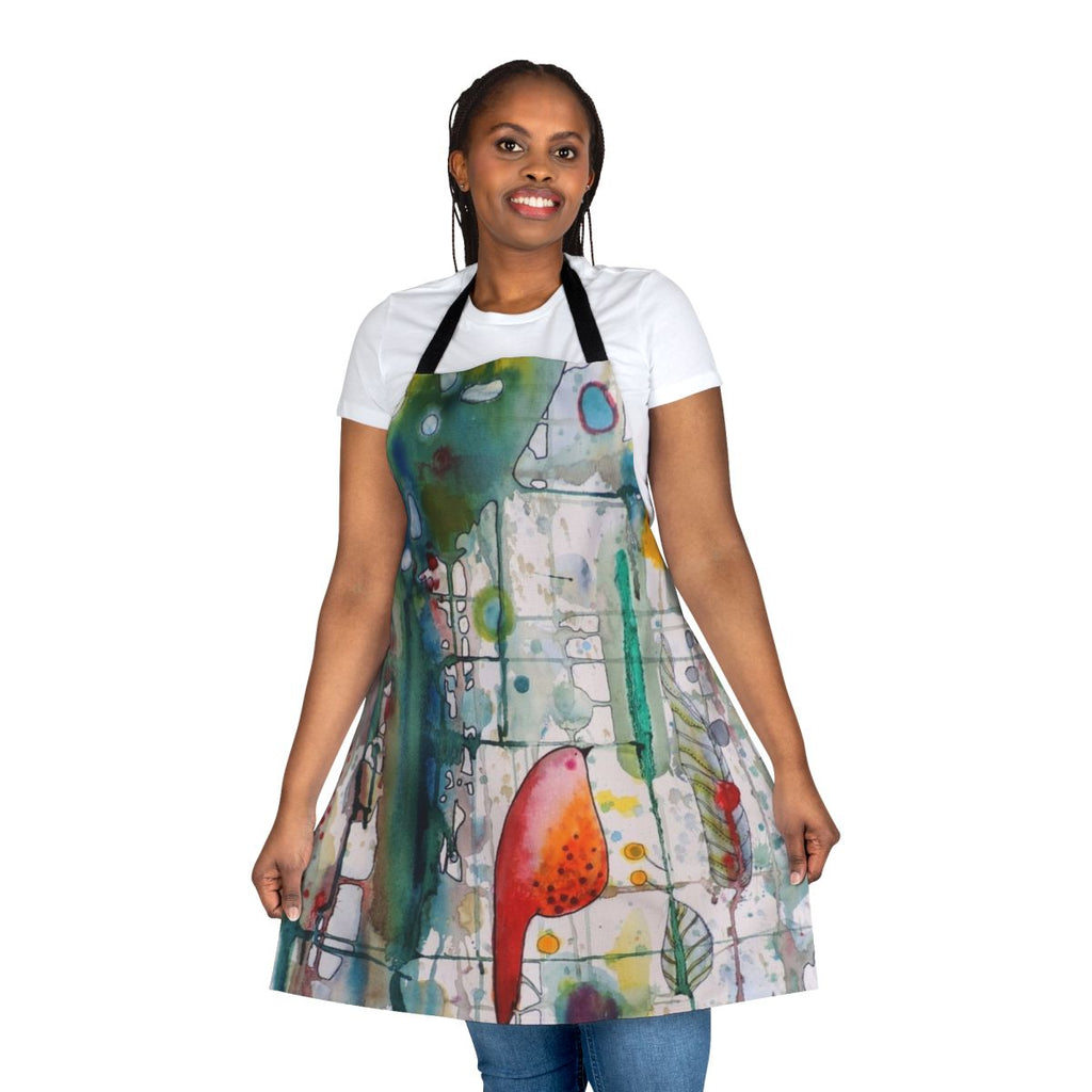 Watercolor apron featuring a whimsical bird and forest design
