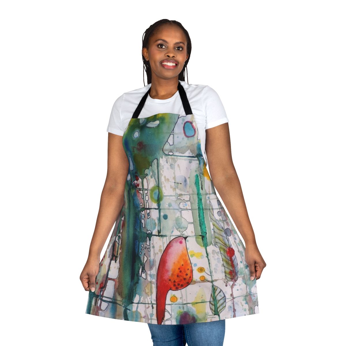 Watercolor apron featuring a whimsical bird and forest design