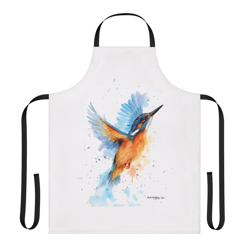 Colorful watercolor painting of a kingfisher bird on a high-quality apron