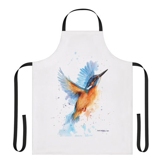 Colorful watercolor painting of a kingfisher bird on a high-quality apron