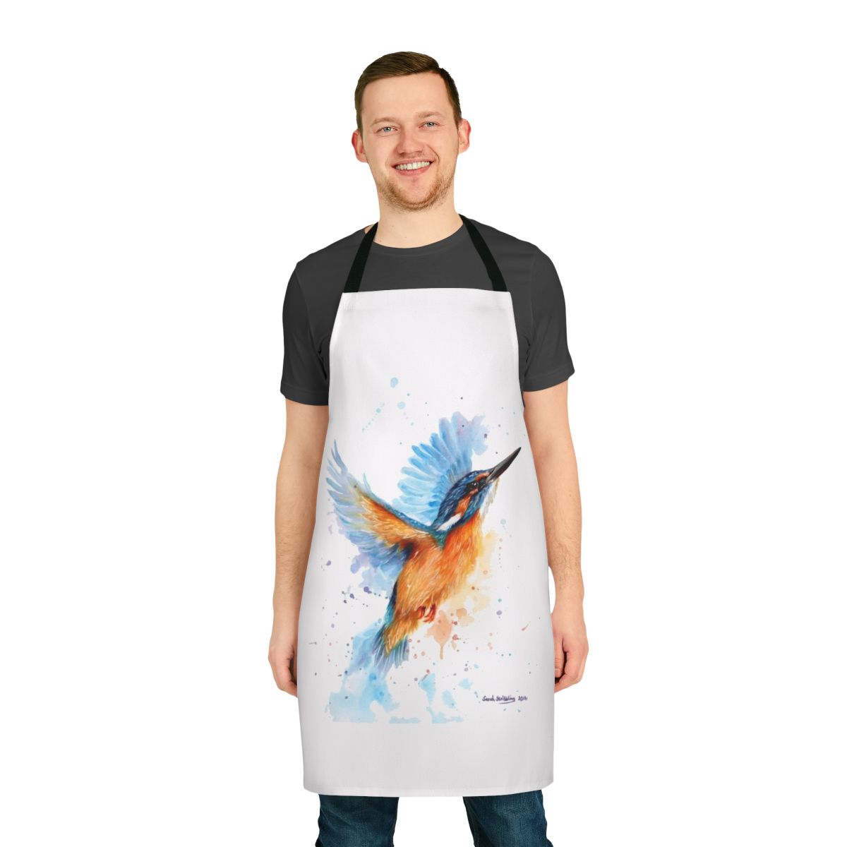 Colorful watercolor painting of a kingfisher bird on a high-quality apron