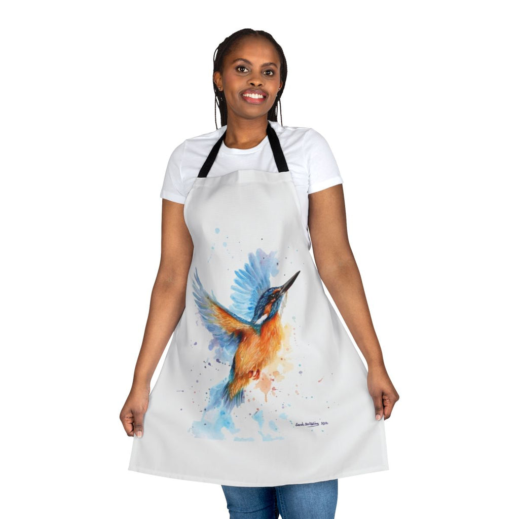 Colorful watercolor painting of a kingfisher bird on a high-quality apron