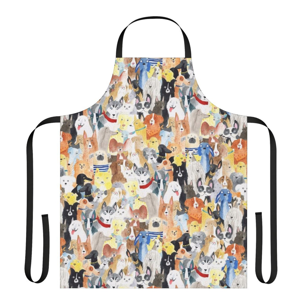 Colorful watercolor painting of various dog breeds printed on a durable cotton apron