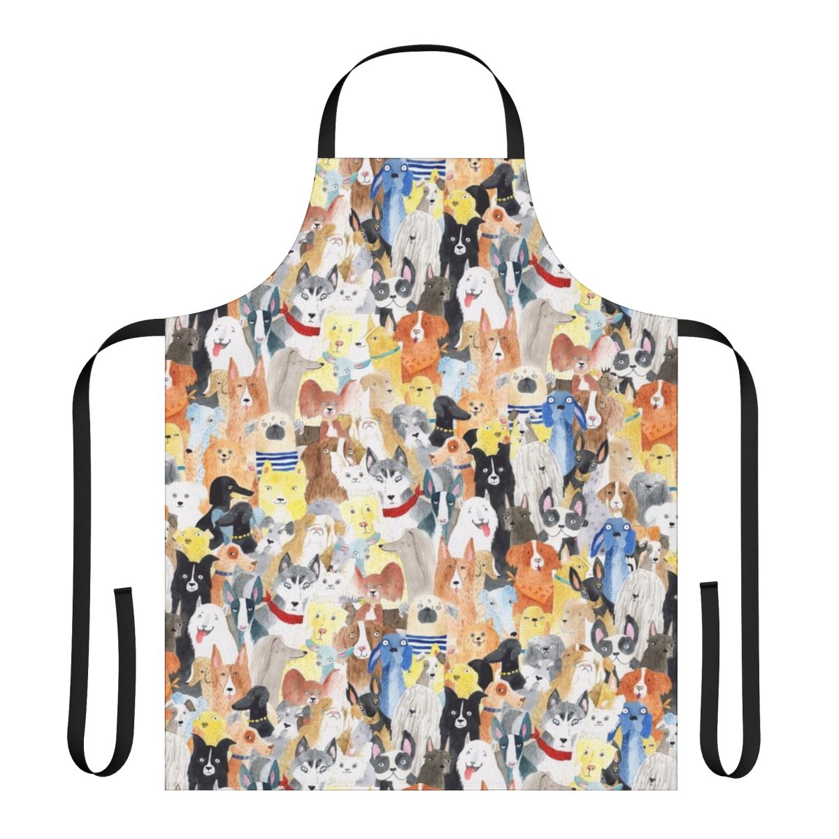 Colorful watercolor painting of various dog breeds printed on a durable cotton apron
