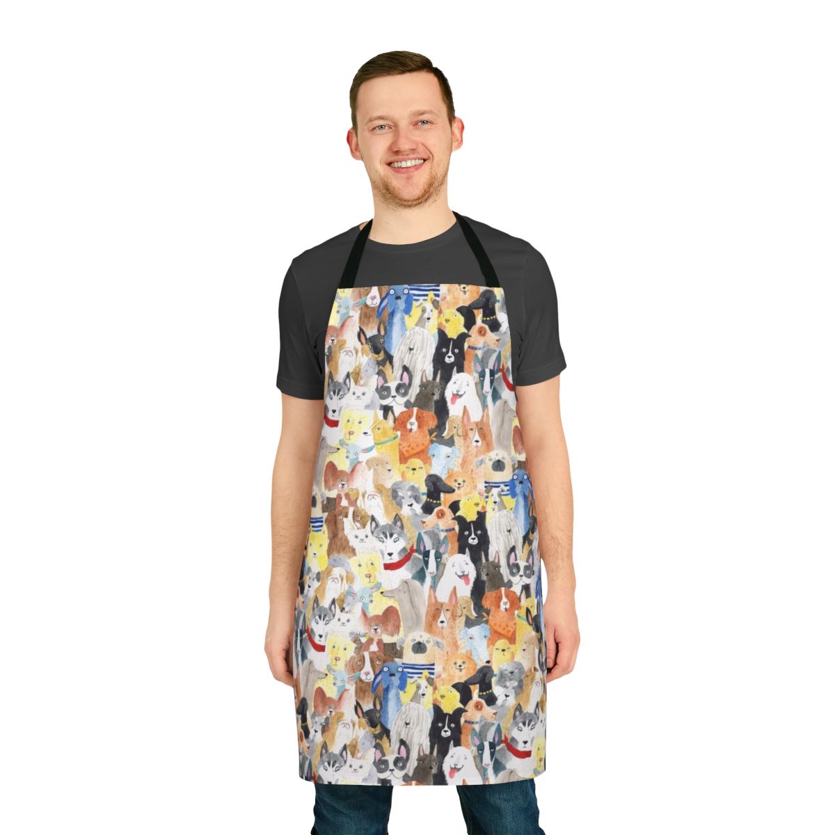 Colorful watercolor painting of various dog breeds printed on a durable cotton apron