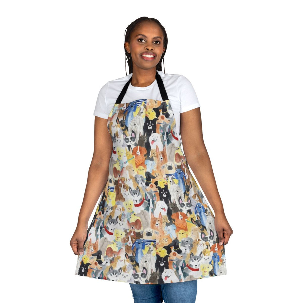 Colorful watercolor painting of various dog breeds printed on a durable cotton apron